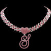 Hip Hop Bling Pink Crystal Cursive Initial Letter Cuban Necklace for Women Iced Out Paved Cuban Chain Necklace Choker Jewelry