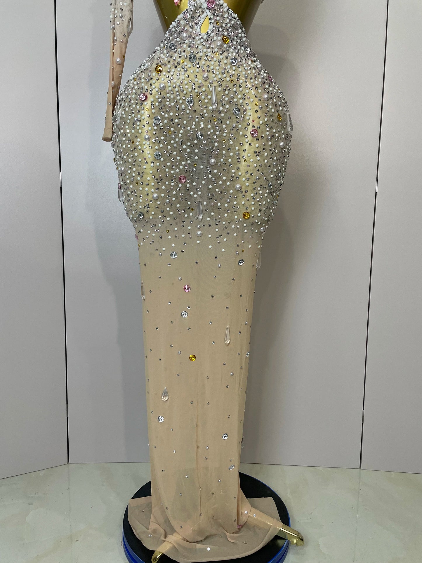 Stock 2025 Women Sexy One Shoulder Hollow Out Big Crystal Bodycon Long Dress Celebrate Nightclub Party Bar Singer Birthday Dress