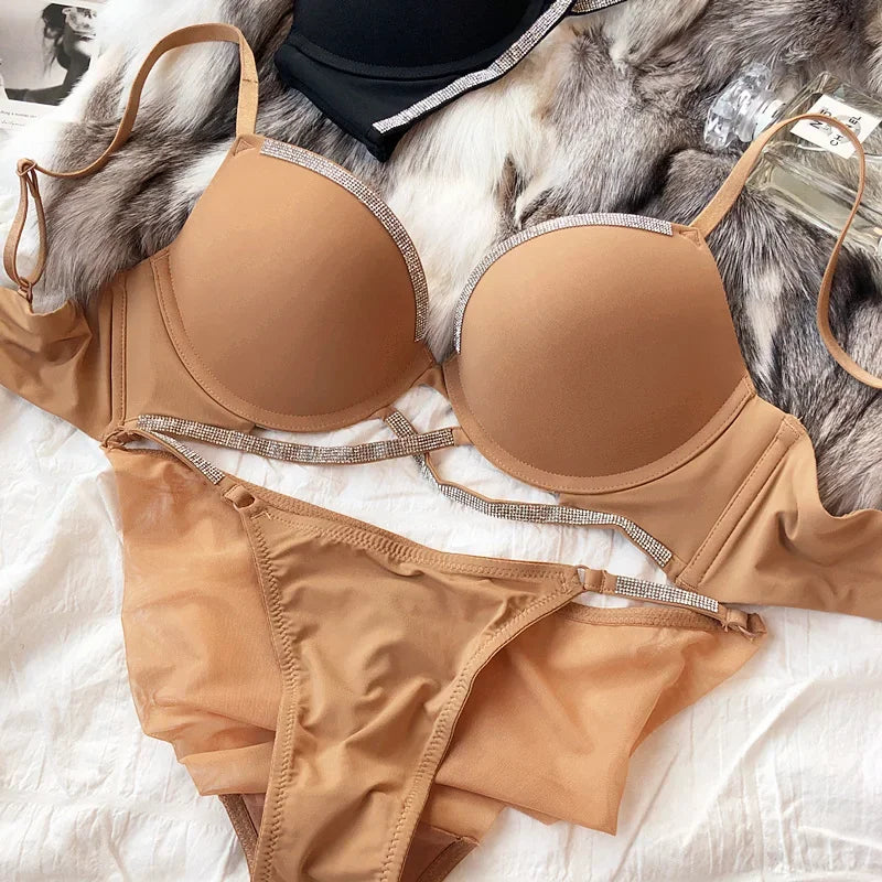 2 Pieces Sexy Underwear Set for Women Classic Cross Hollow Bra Sparkle Rhinestones Lingerie Deep V Push Up Brassiere Set