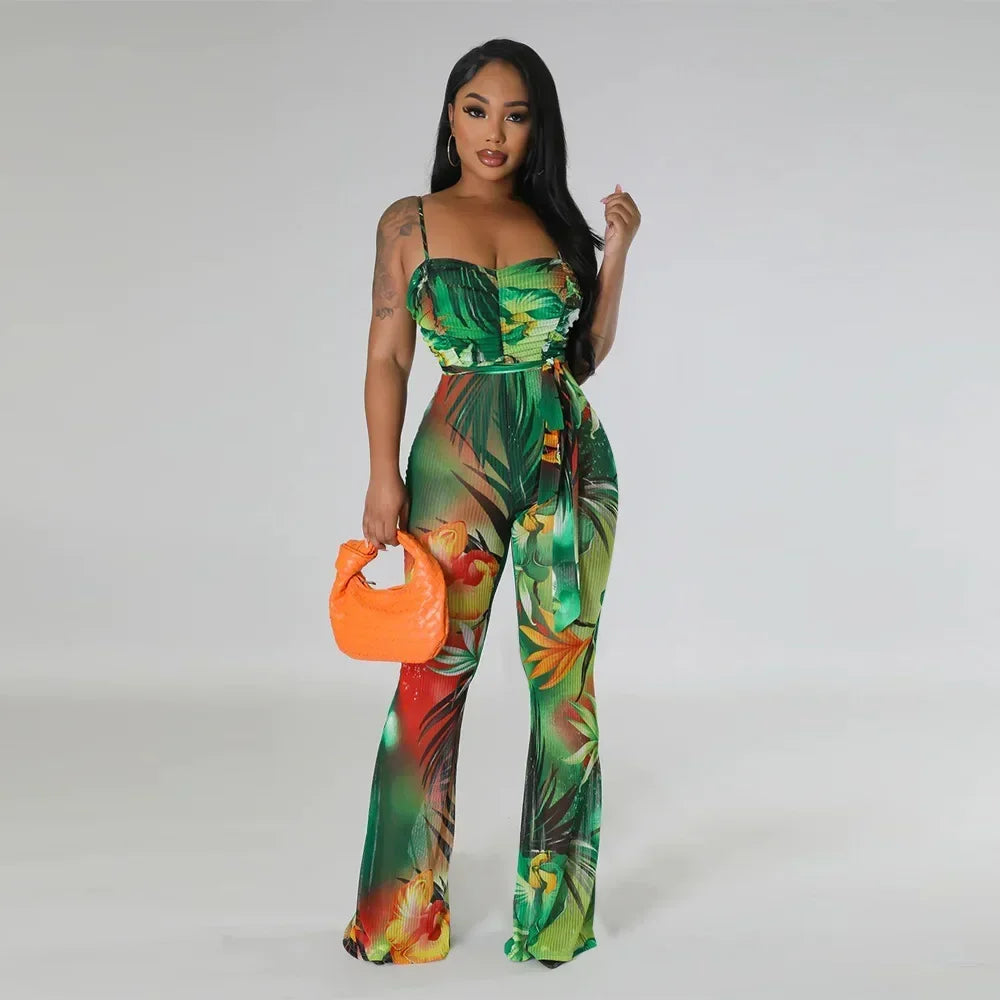 Floral Printed Jumpsuits Summer Outfits for Women 2024 Clubwear Spaghetti Strap Skinny One Pieces Romper Summer Beach Wear