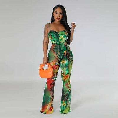 Floral Printed Jumpsuits Summer Outfits for Women 2024 Clubwear Spaghetti Strap Skinny One Pieces Romper Summer Beach Wear