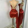 Sparkly Red Diamonds Asymmetrical Two Pieces Dress Design 2025 Women Sexy Strapless Top Skirt Suits Dance Performance Outfit