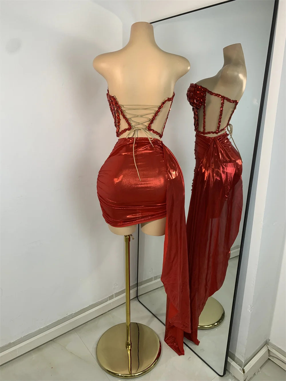 Sparkly Red Diamonds Asymmetrical Two Pieces Dress Design 2025 Women Sexy Strapless Top Skirt Suits Dance Performance Outfit