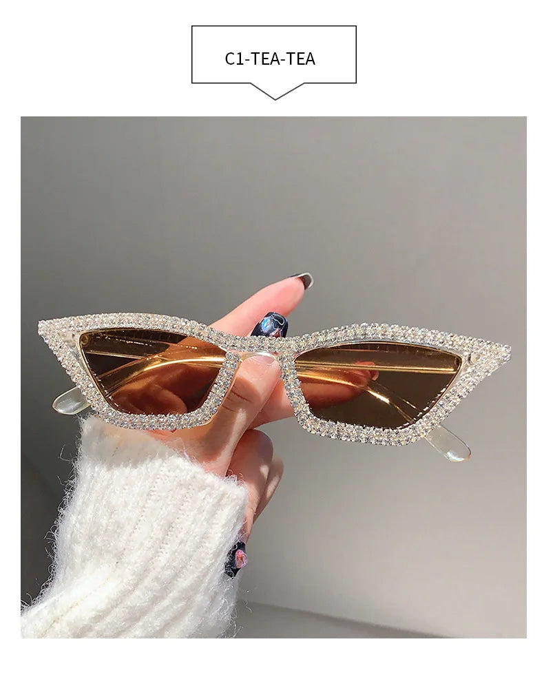 Fashion CAT EYE Rhinestone Bling Sunglasses Women Vintage Brand Luxury Small Frame Ladies Gradient Sun Glasses Oculos UV400