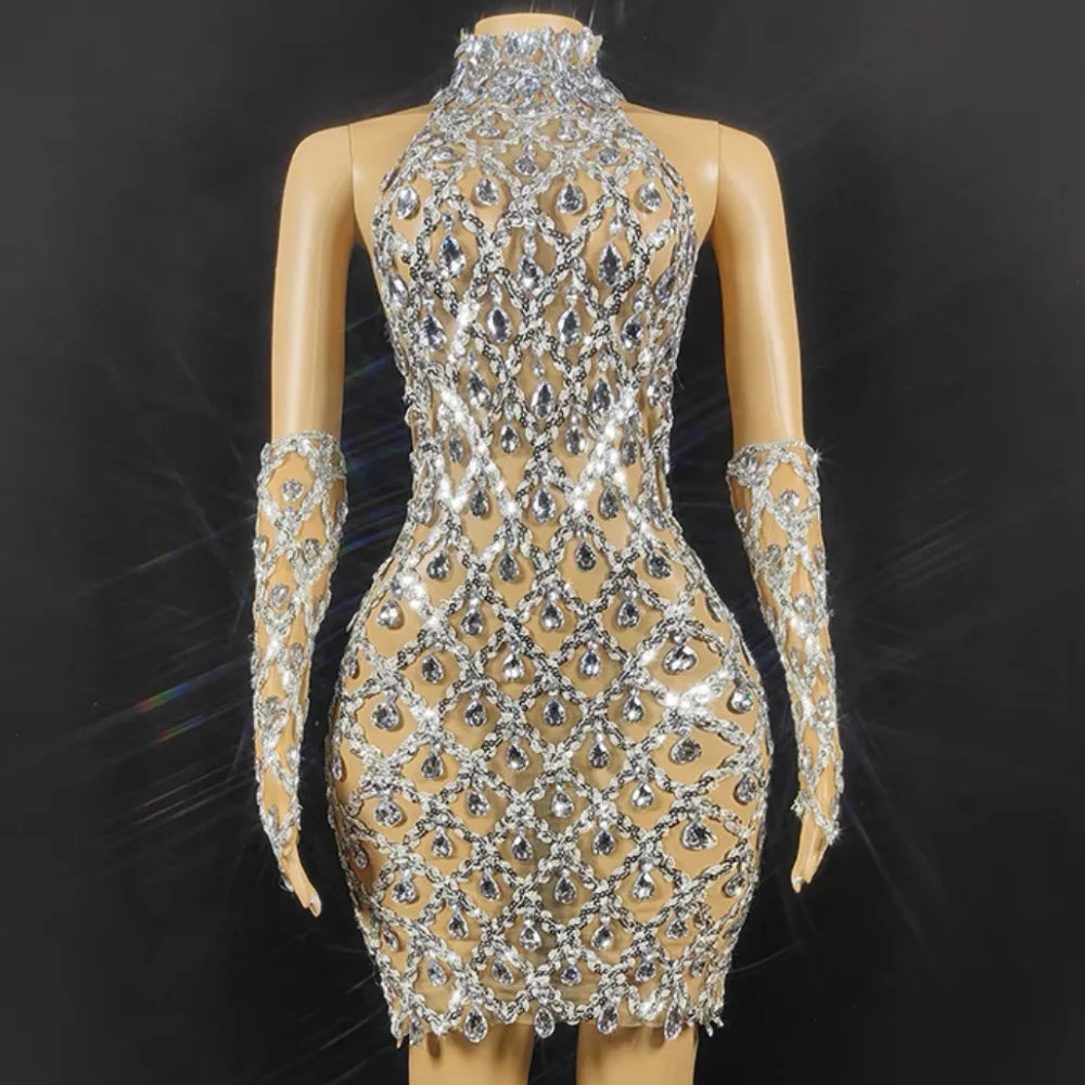 High Quality Sparkling Rainestone Sexy Bodycon Mini Dress Birthday Celebrate Evening Party Dress