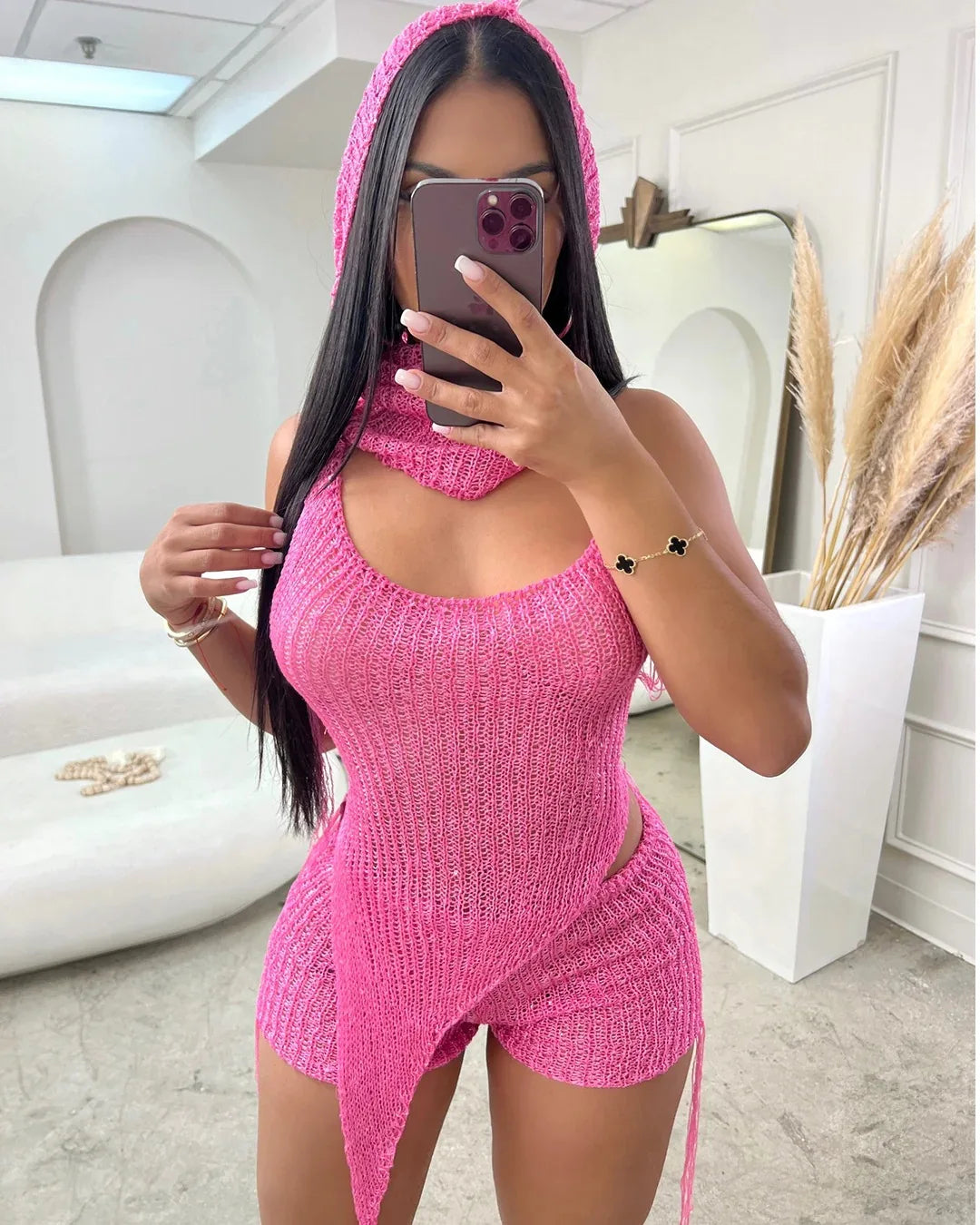 Joskaa Sequins Knit Beach 3 Piece Sets Women Sexy Backless Halter Irregular Top+Head Scarf+Shorts Matching Set Vacation Outfits