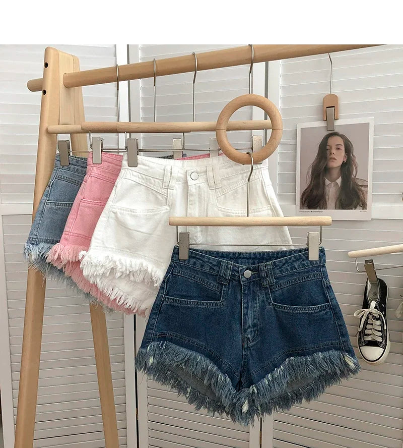 ITOOLIN Women Vintage Tassels Denim Shorts Button Loose High Waist A-line Jean Shorts Casual Women Office Trousers Streetwear