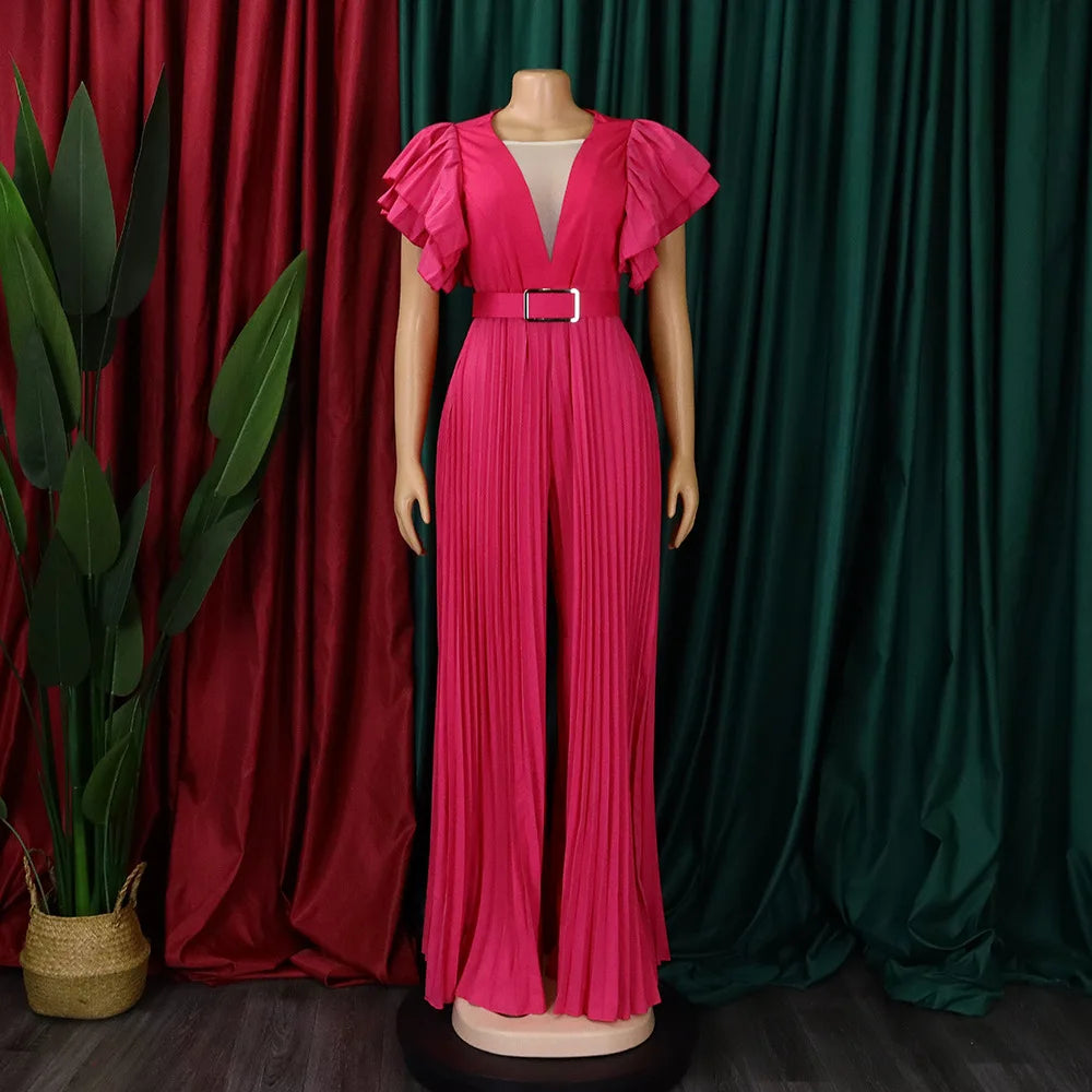 Elegant Pleated Jumpsuits & Rompers for Women V Neck Ruffles Belt Waisted High Waisted Floor Length Luxury Birthday Party Outfit