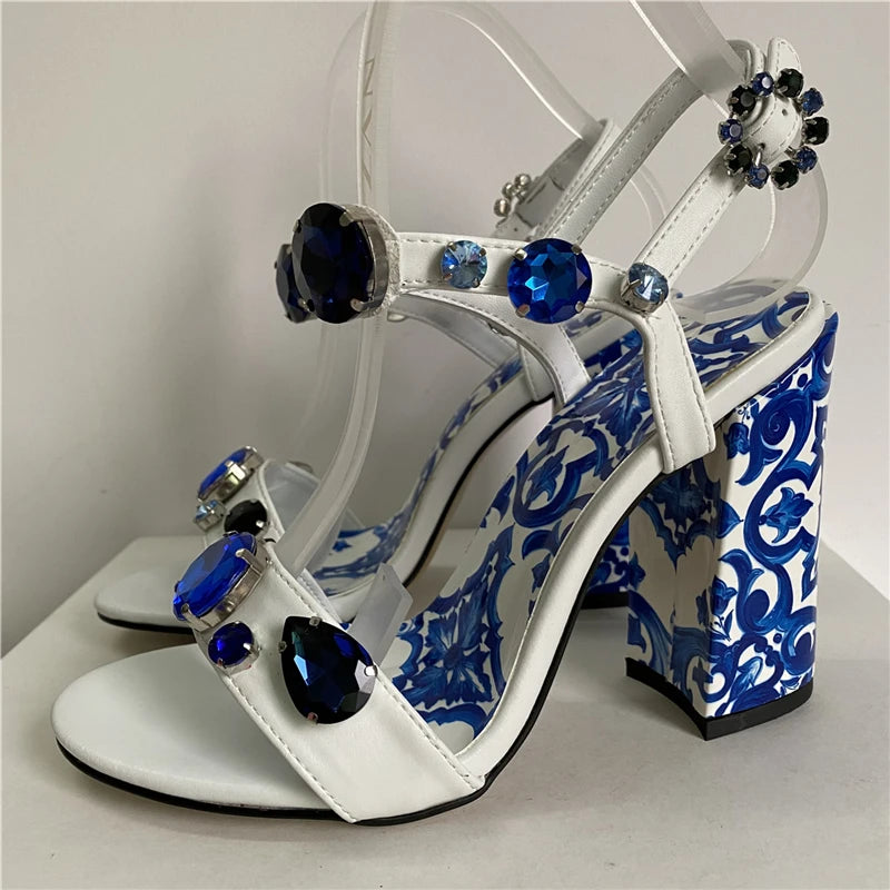 Luxury Diamond Crystal Decor Modern Sandals Women Blue And White Porcelain Print Ankle Strap Summer Shoes For Girls