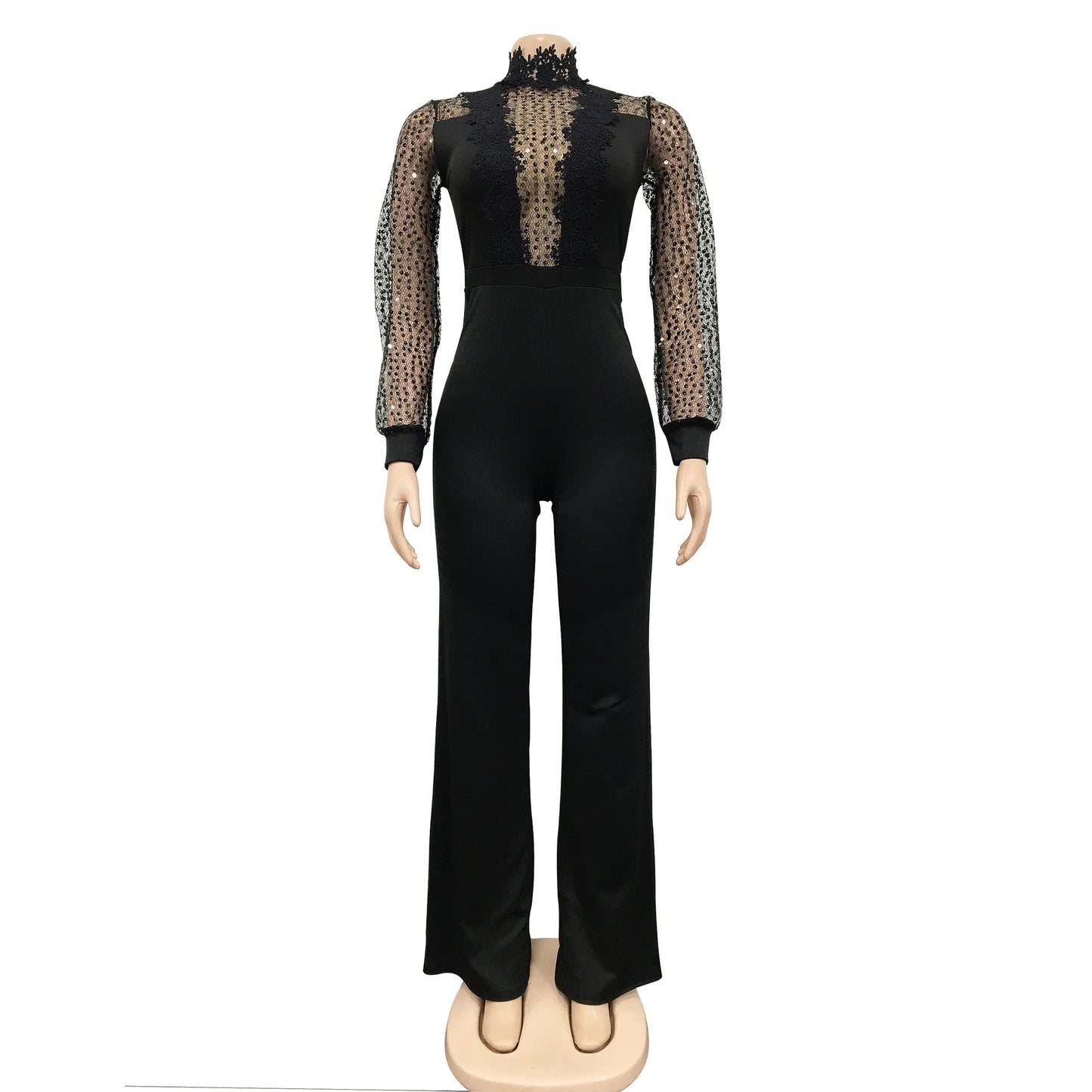Fashion Women's Clothing Hollow Long-sleeved Loose Wide Leg Jumpsuits Overall Pants Solid Color Sexy Lace