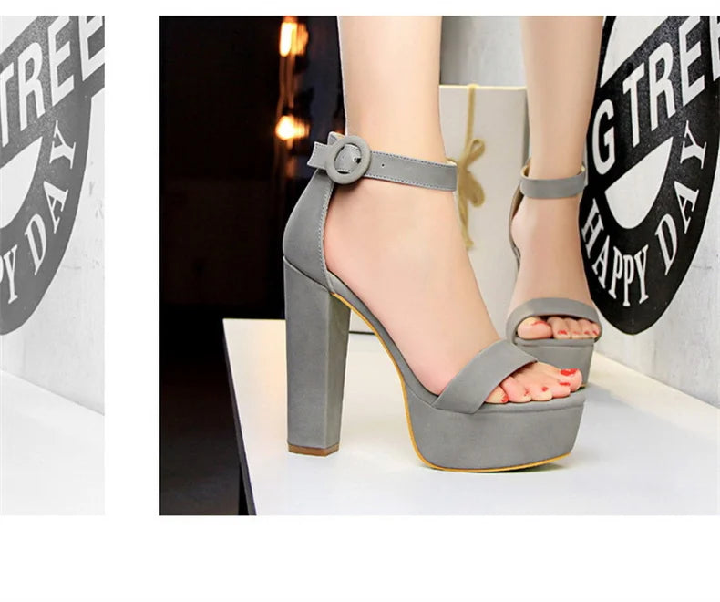 Fashion Women Pumps Sandals Summer Platform Belt Buckle Strap PU Square Heel Outdoor Korean Style Black Open Toe Grace 1550-1