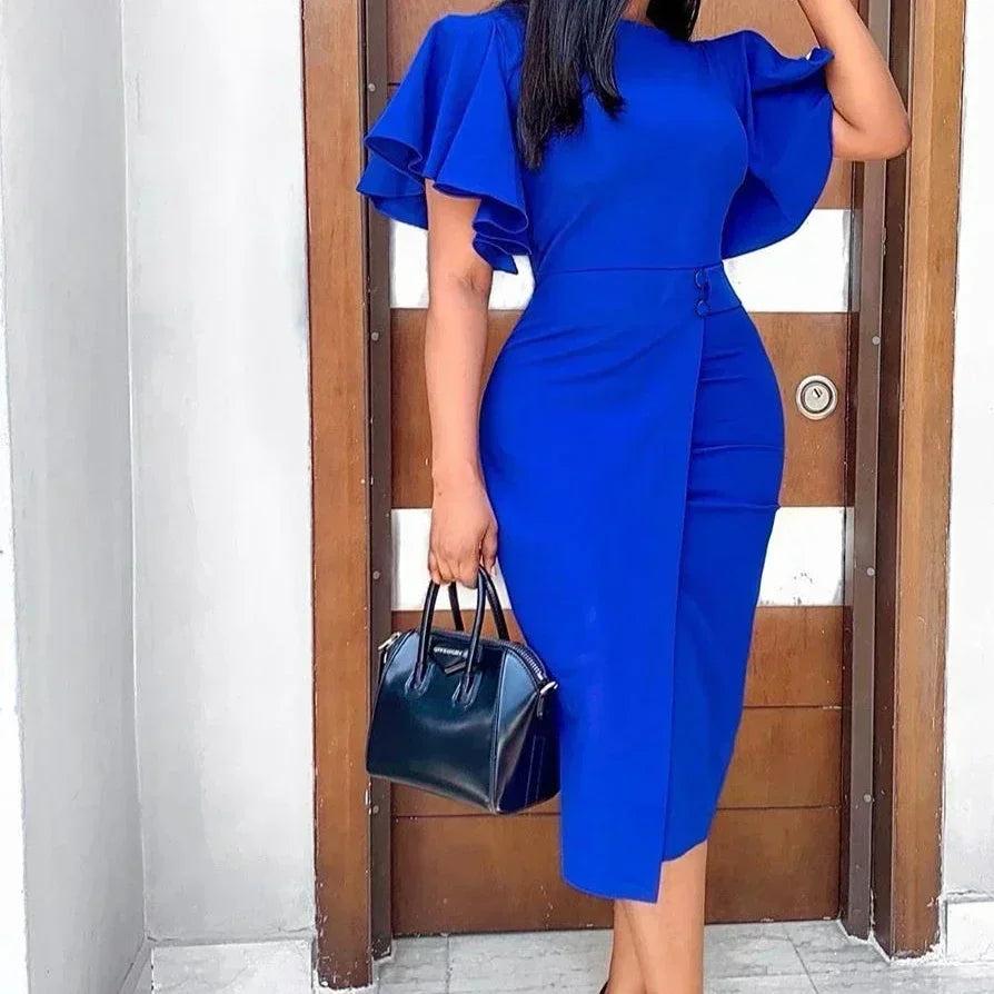 Dress Women Mid Length Dresses Green Slim Ruffles Bodycon Round Neck Short Sleeve Sexy Elegant Party High Waist Vestidos