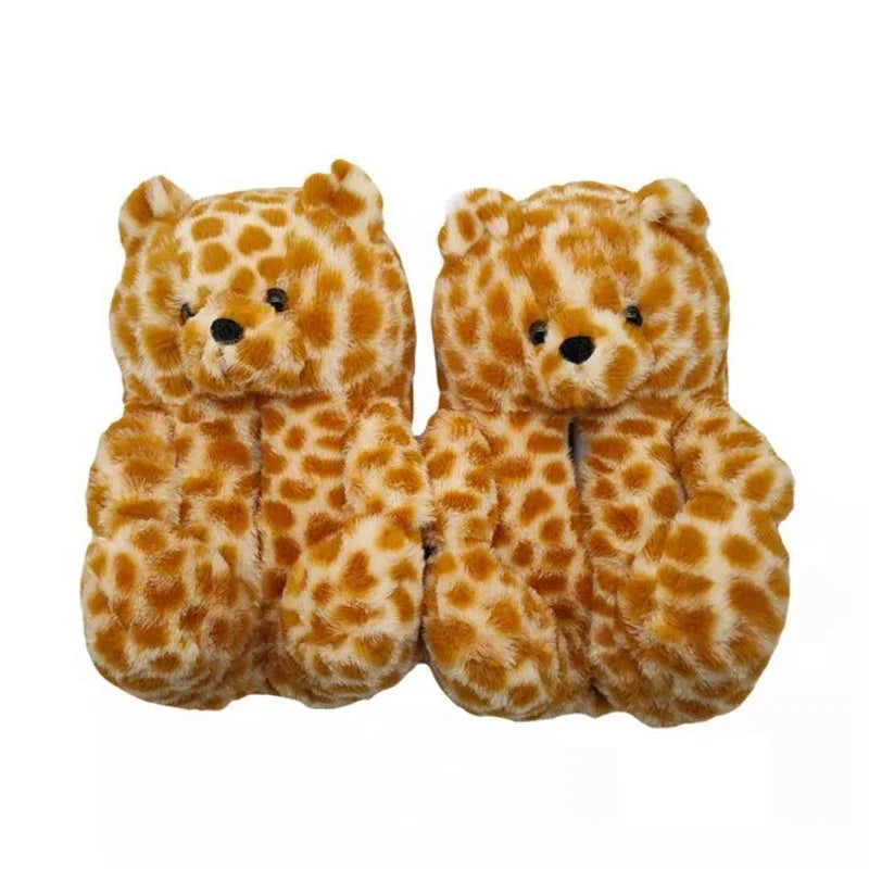 Cute Teddy Bear Plush Winter Slippers Wrapped in Heels Fun Indoor Floor Shoes Women's Gift Warm and Soft Cartoon Plush Animal Sl