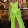 Women's Solid Backless Cami Bodysuit & Elastic Waist Frilled Pants Set, Fashion Casual V Neck Spaghetti Strap Bodysuit & Straigh