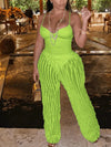 Women's Solid Backless Cami Bodysuit & Elastic Waist Frilled Pants Set, Fashion Casual V Neck Spaghetti Strap Bodysuit & Straigh