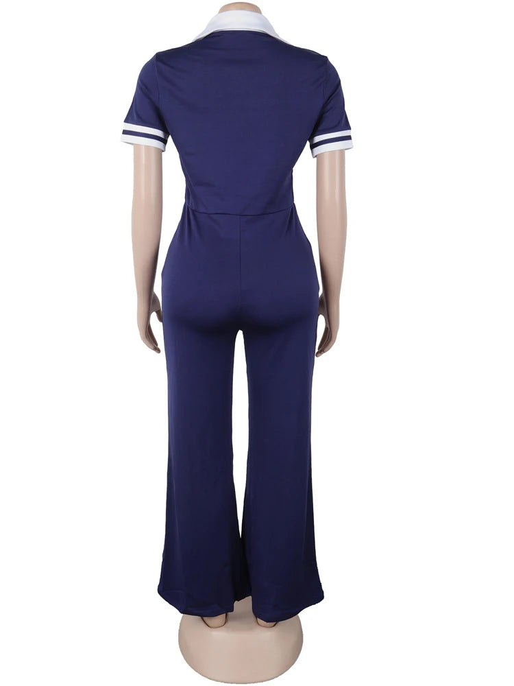 Beyprern Women's Turn-Down Collar Patchwork Wide Legs Jumpsuits Fashion Short Sleeve Stretchy Fitted Overall Night Club Outfits