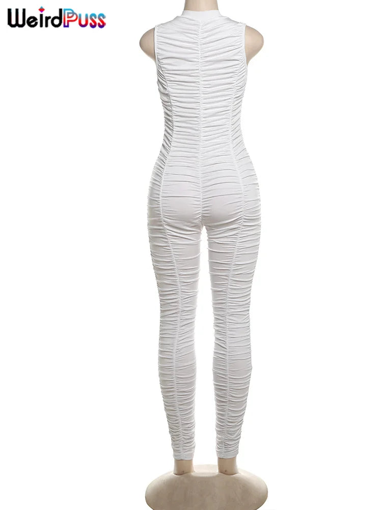 Weird Puss Ruffles Stretch Jumpsuit Women Casual Tight Fitness Activity Sleeveless Low-Neck Solid Skinny Sporty Workout Overalls