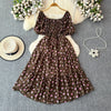 2024 New Summer Flower Print Long Dress Women Vintage Square Neck Ruched Chest Sash Bandage Sundress Party Vestidos