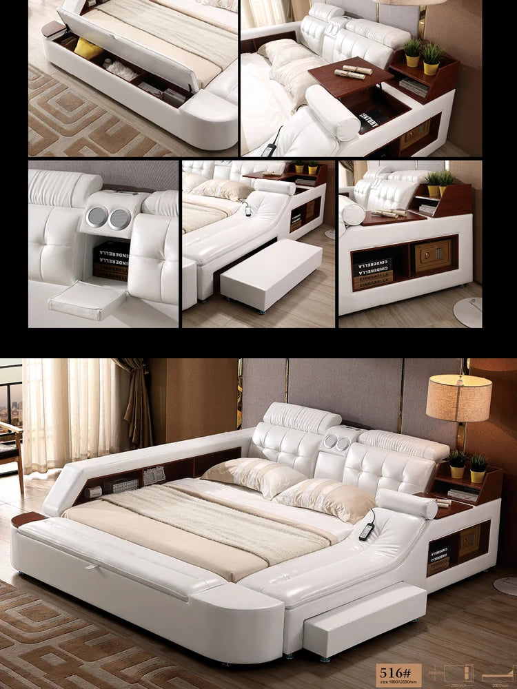 MANBAS Tech Smart Multifunctional Bed Frame with Genuine Leather, Bluetooth Speaker, and Massager Ultimate Soft Lit Tatami Camas