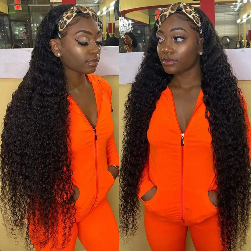Headband Wigs Human Hair 28 30 32 Inch Water Wave Wigs 100% Real Hair Curly wig None Lace Front Wigs Full Machine Made Wigs