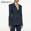 TWOTWINSTYLE Striped Temperament Blazers For Women Notched Collar Long Sleeve Tunic Patchwork Double Breasted Coats Female New