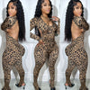 HLJ Sexy Backless Lace Up Leopard Bodycon Jumpsuits Women O Neck Long Sleeve Skinny Pants One Piece Playsuits Fashion Overall