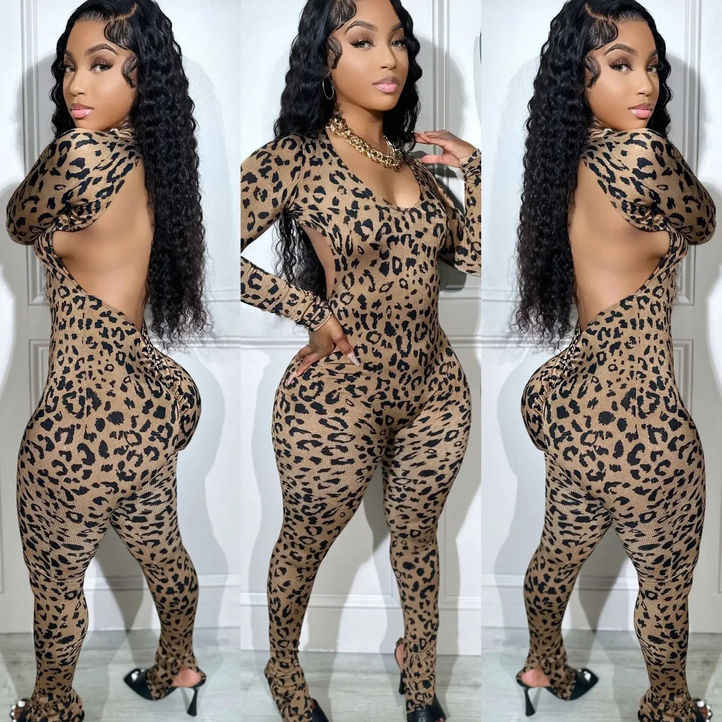 HLJ Sexy Backless Lace Up Leopard Bodycon Jumpsuits Women O Neck Long Sleeve Skinny Pants One Piece Playsuits Fashion Overall