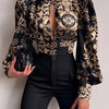 Spring Women Sexy Backless Hollow Print Shirts Tops 2024 Casual Stand Long Sleeve Office Lady Blouses Fashion Party Crop Top