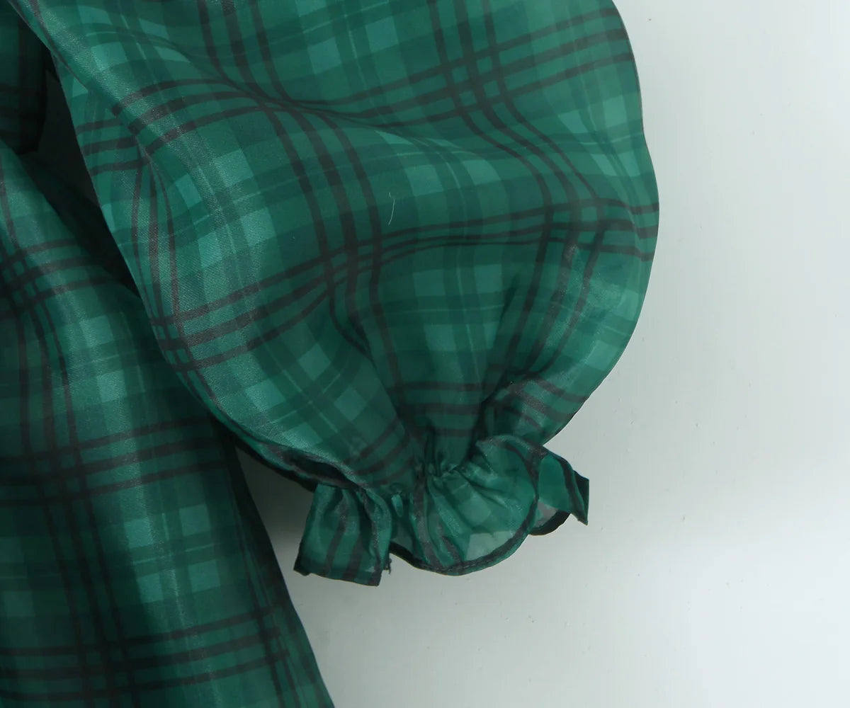2024 Sweet Green Gingham Plaid Organza Ball Gown Dress Puff Sleeve Retro Women Swing Short Princess Robe Fairy Cake Vestidos