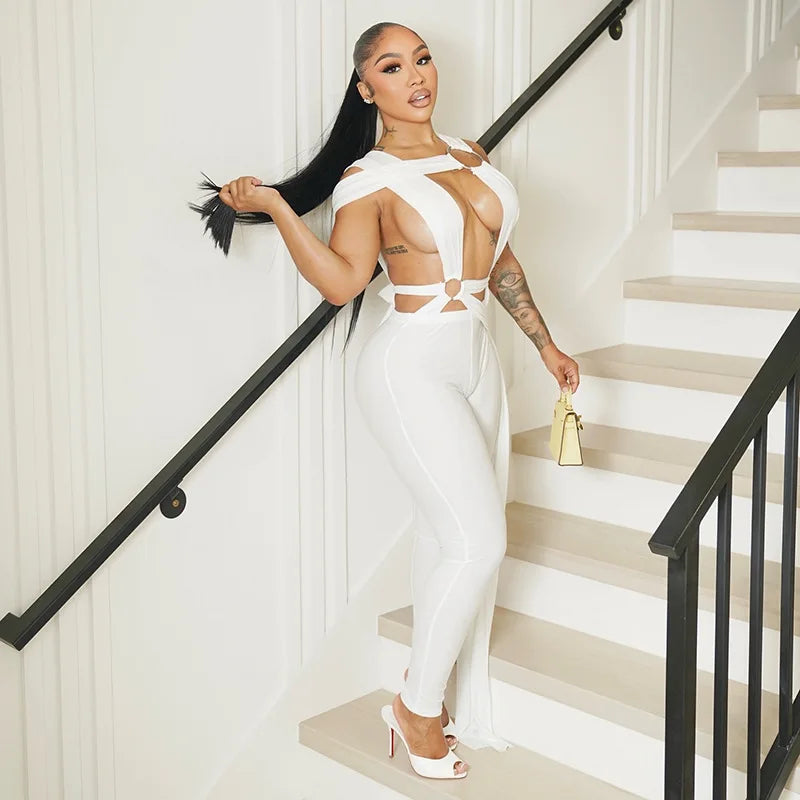 Joskaa Sexy Hollow Bandage Irregular Jumpsuit Women Summer Sleeveless Backless Ribbon Skinny Rompers 2025 Midnight Clubwear
