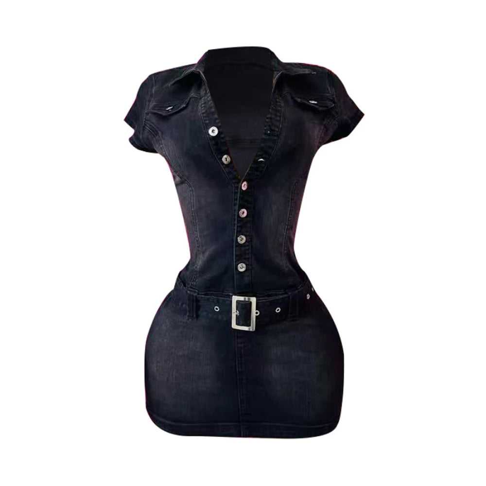2025 New Denim Short Sleeve Dress Women Modest Sexy Summer Stylish Slim Stretch Acid Wash Vintage Belt Jean Bodycon Dresses