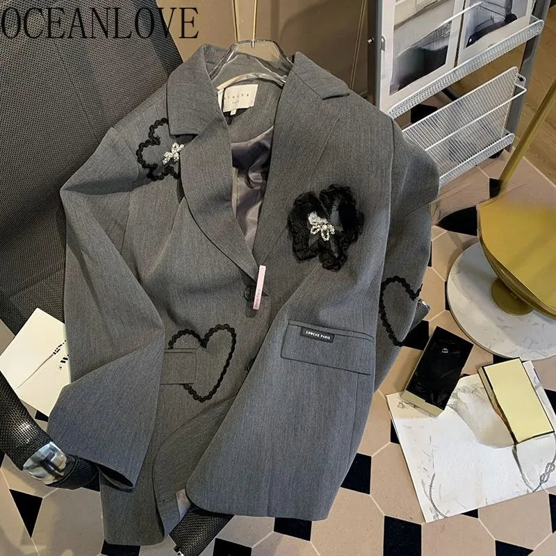 OCEANLOVE Embroidered Floral Blazers Women Spring Autumn Korean Fashion Chaquetas Elegant Grey Loose Retro Blazer Feminino