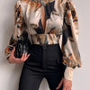 Spring Women Sexy Backless Hollow Print Shirts Tops 2024 Casual Stand Long Sleeve Office Lady Blouses Fashion Party Crop Top