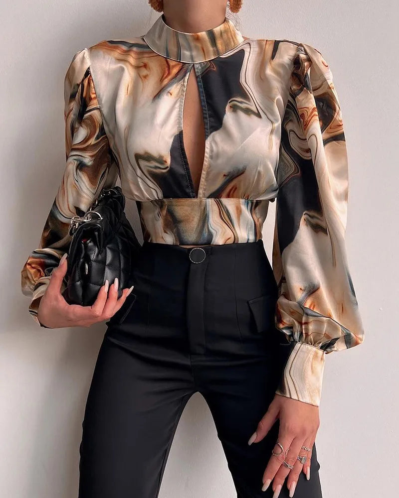 Spring Women Sexy Backless Hollow Print Shirts Tops 2024 Casual Stand Long Sleeve Office Lady Blouses Fashion Party Crop Top