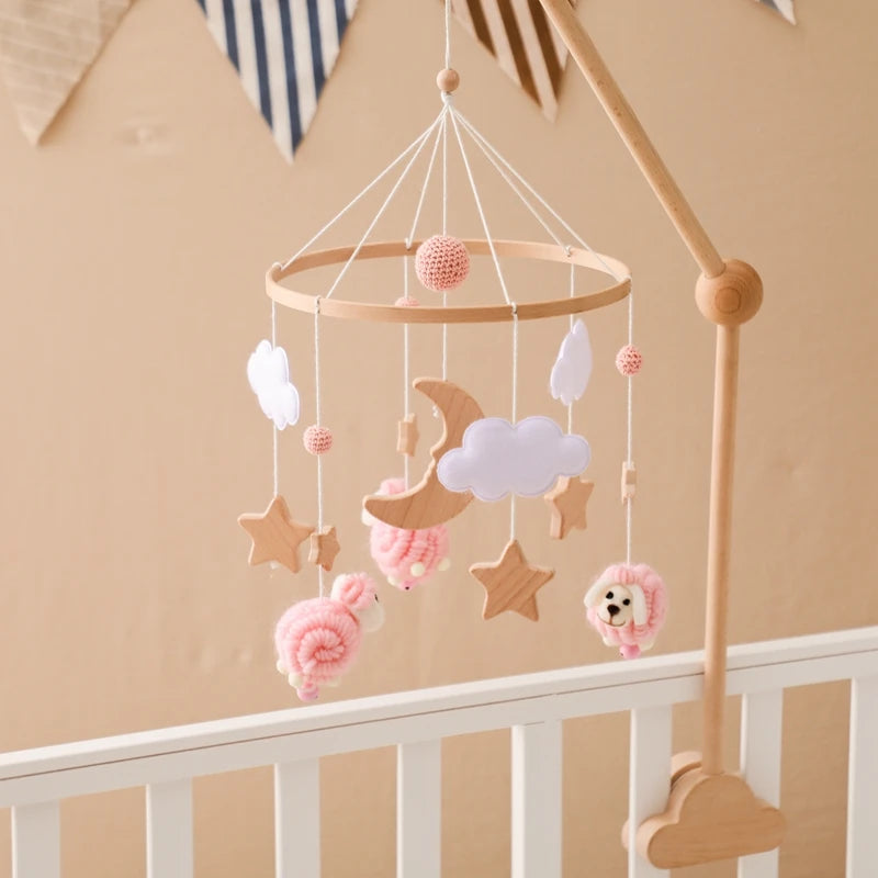 Baby Crib Mobile Bed Bell Rattle Toys Wooden Crochet Stars Pendant Bed Bell Toys Newborn Comfort Crib Bracket Hanging Toys Gifts