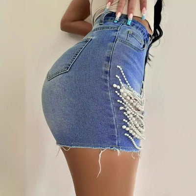 Denim Shorts Women Summer New High-waisted and Thin Handmade Bead Chain Ripped Hot Pants for Women