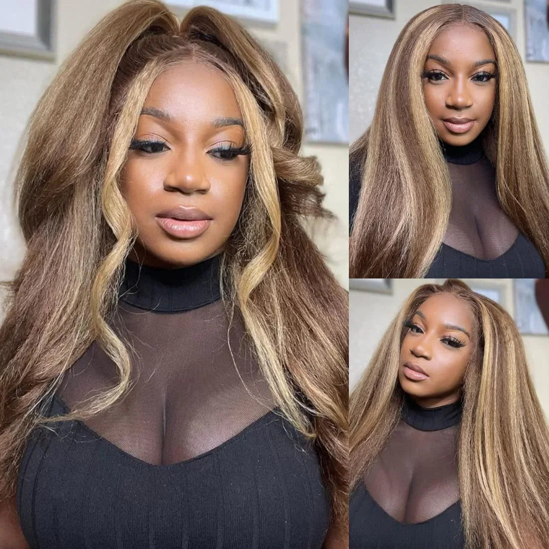 Highlight P4/27 Kinky Straight 24Inch Brown Blonde Color 13x6 Brazilian Transparent Lace Front Human Hair Pre Plucked Wig