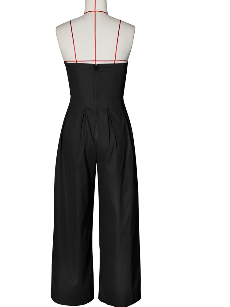 Beyprern New Chic Button Details Palazzo Jumpsuit One Piece Outfits Womens Ruched Strapless Wide Legs Jumpsuits Romper Clubwear