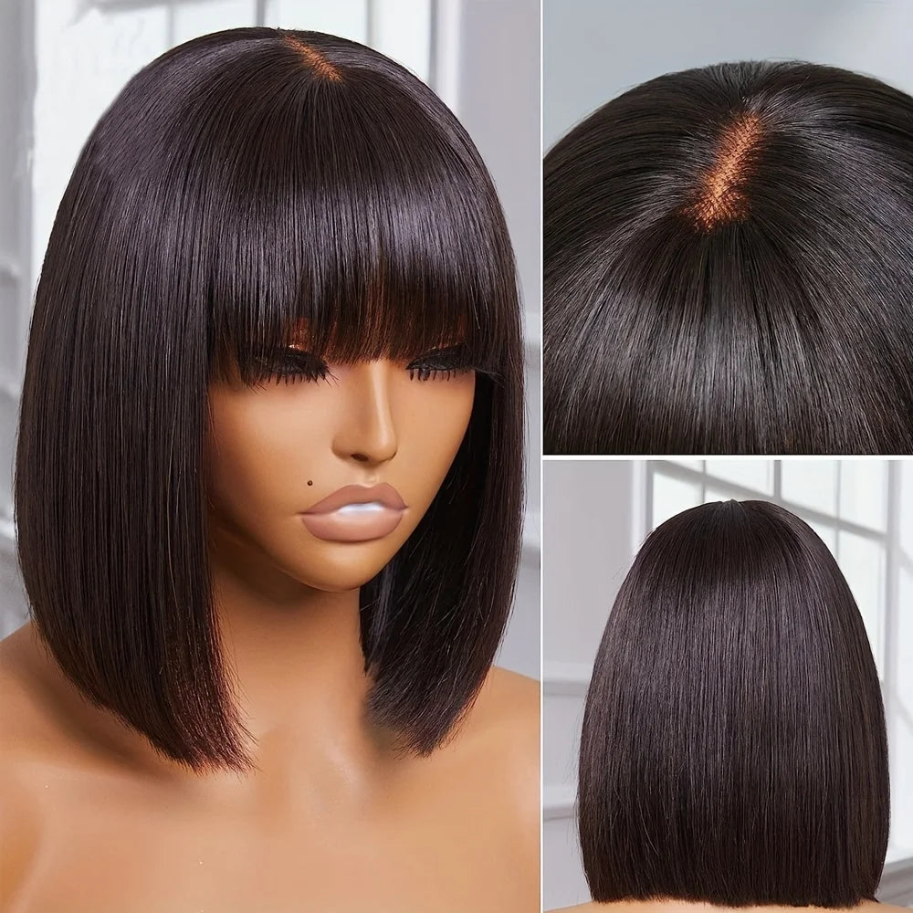 Choice Short Bob Wig Bone Straight 100% Human Hair With Bangs  3x1 Lace Middle Part Wigs For Black Women Bob Wigs