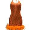 Elegant Luxury Sequins See Through Feather Mini Dress Celebrity Halter Backless Women‘s Sexy Birthday Party Nightclub Vestidos