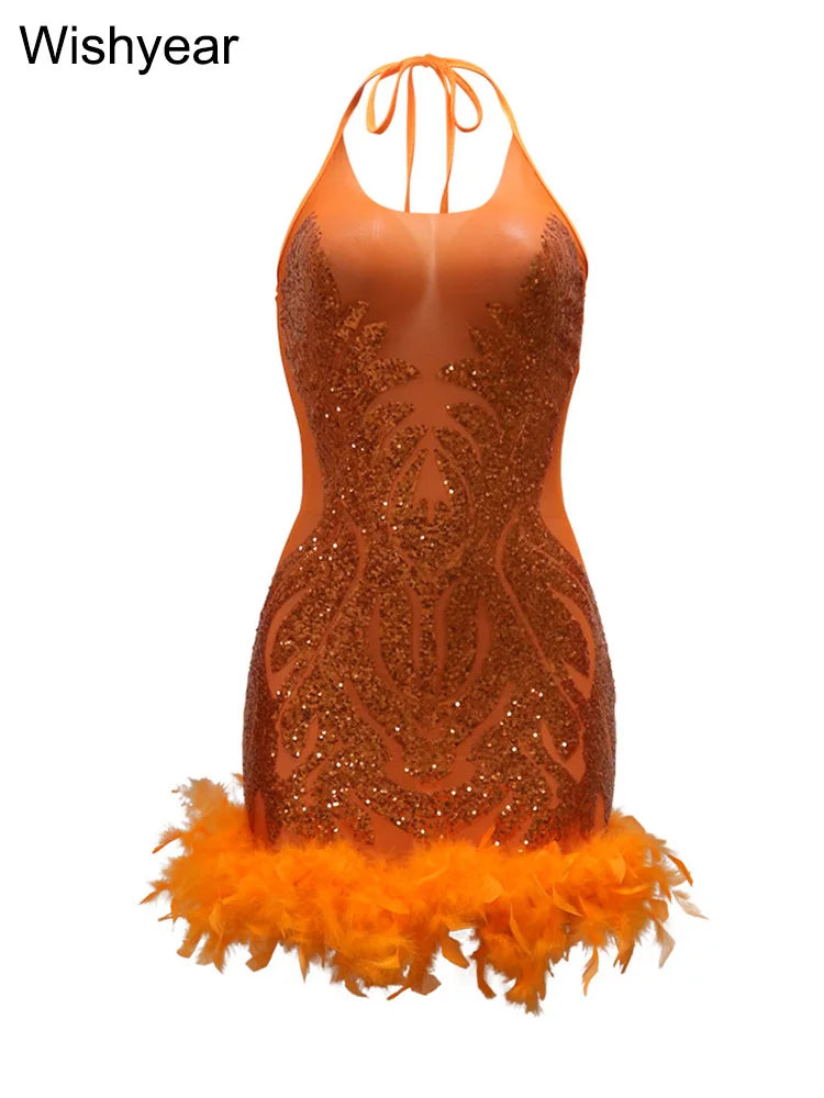 Elegant Luxury Sequins See Through Feather Mini Dress Celebrity Halter Backless Women‘s Sexy Birthday Party Nightclub Vestidos