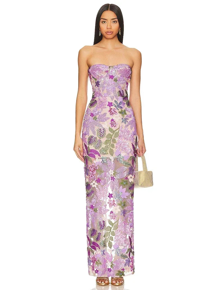 2025 Summer New Bra Heavy Industry Sequins Split Long Dress Women's Elegant Celebrity Club Party Evening Dress Wholesa