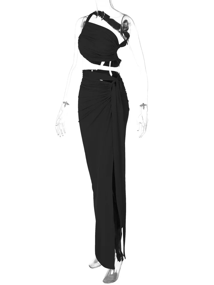 Ladies Spring 2 Pieces Sleeveless Backless Strap Spit Crop Top Side Slit Slim Fit Maxi Skirt Set Women Evening Party Clubwear
