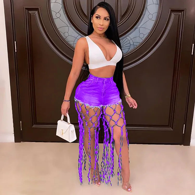 High Waist Denim Shorts Women Tassels Short Jeans Splice Button Pockets Strwwtear Shorts Hot Pant Solid Lady Summer Beach