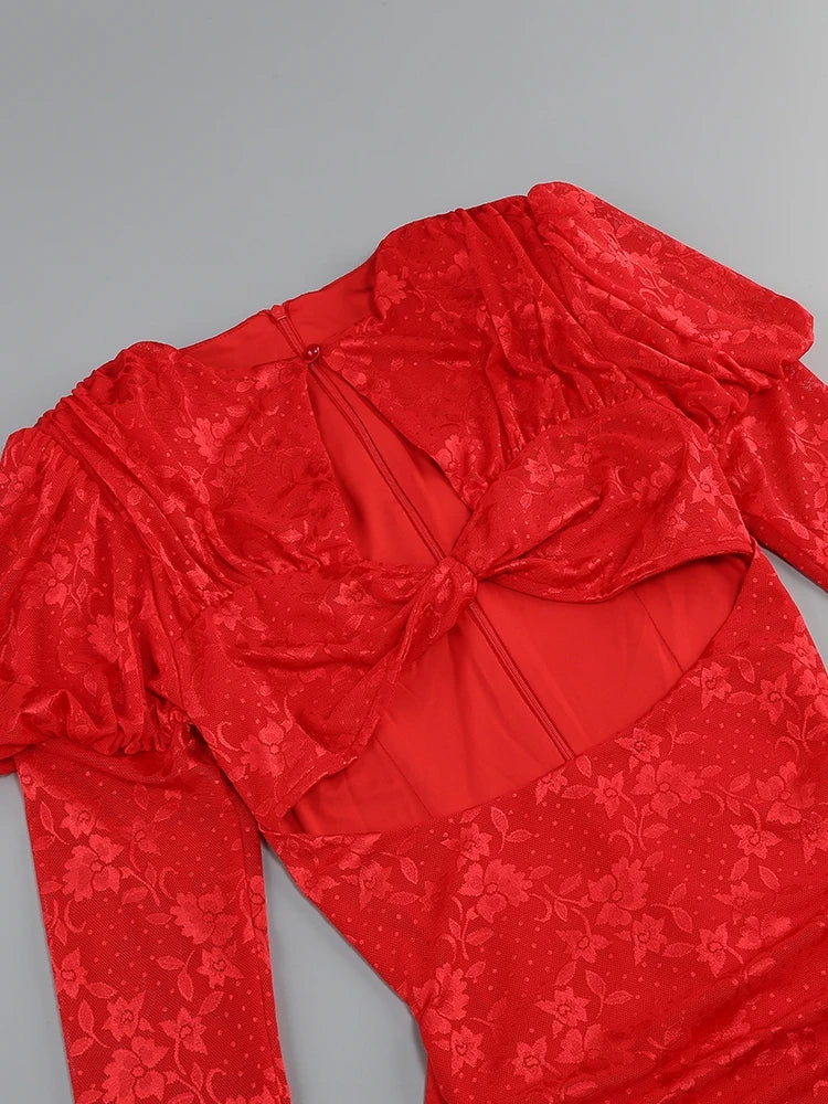 New Sexy Gloves Long Sleeves Cutout Pleated Draped Mini Dress Women Red/White Lace Floral Bodycon Dresses Party Cocktail Club