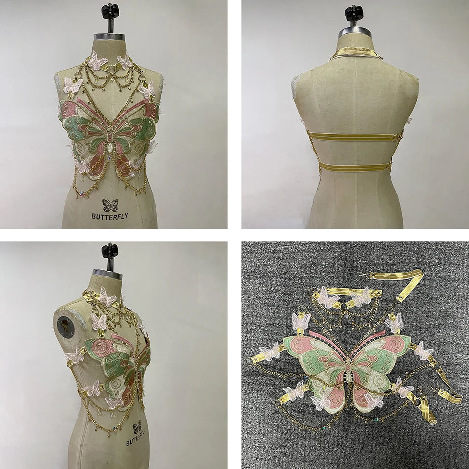 YOUR BUMP CURVE Sexy Woman Crystal Chain Butterfly Embroidery Sleeveless Backless Adjustable Ultra Short Top Music Prom