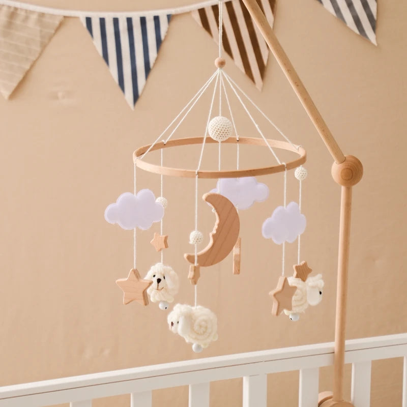 Baby Crib Mobile Bed Bell Rattle Toys Wooden Crochet Stars Pendant Bed Bell Toys Newborn Comfort Crib Bracket Hanging Toys Gifts