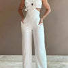 2024 Summer Fashion White Jumpsuit Women Floral Pattern Shirred Hollow Out Casual Asymmetrical Neck Pocket Backless Jumpsuits