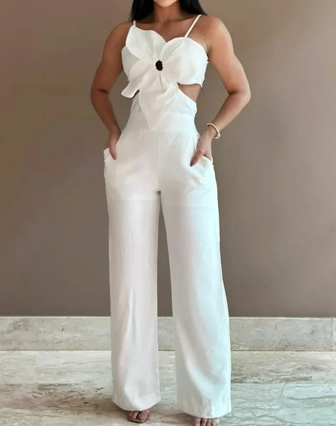 2024 Summer Fashion White Jumpsuit Women Floral Pattern Shirred Hollow Out Casual Asymmetrical Neck Pocket Backless Jumpsuits