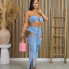 Denim Pants Sets for Women 2024 Sexy Streetwear Two Piece Set Outfits Chest Wrap Sleeveless Backless Top Hollow Out Jeans